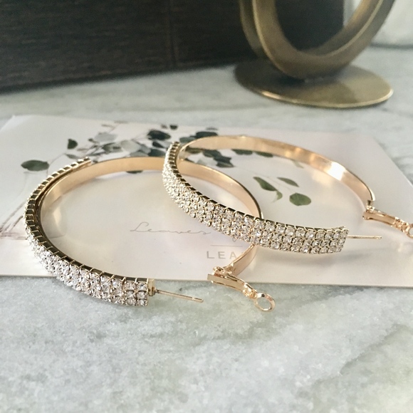 Rhinestones Triple Layer Large Gold Hoop Earrings - Picture 2 of 7